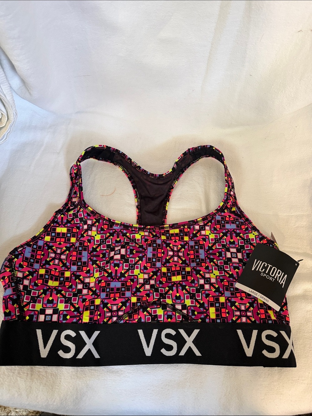 Victoria Sport VSX Geometric Print Racerback Sports Bra - size Lge. NWT